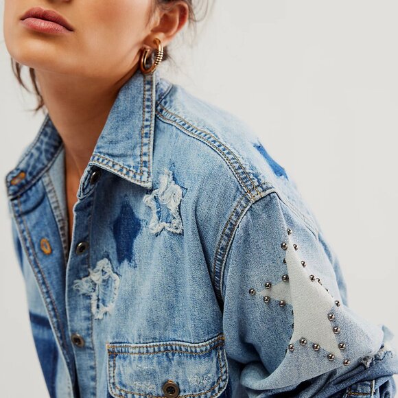 One Teaspoon x Free People Everyday Blue Classic Star Shirt NWT Size XS - Picture 2 of 10